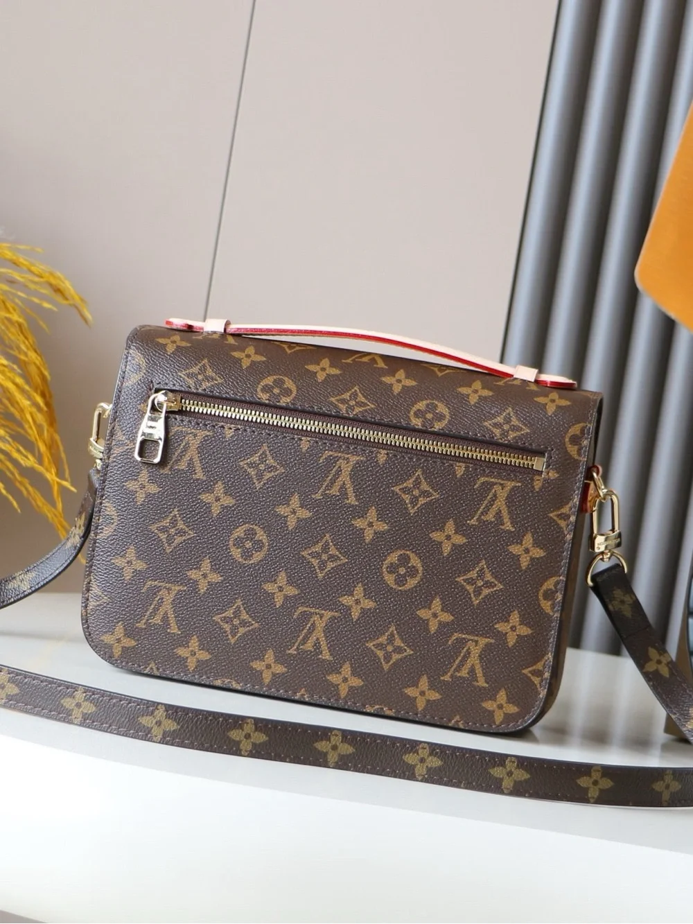 Luxury Monogram Crossbody Bag in Brown with Pink Trim